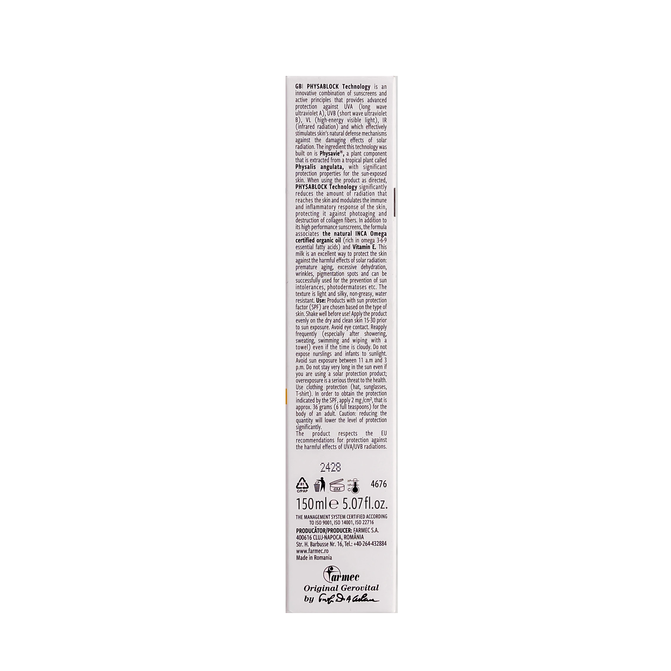 Gerovital H3 Sun Sunscreen Milk Spf50 150Ml