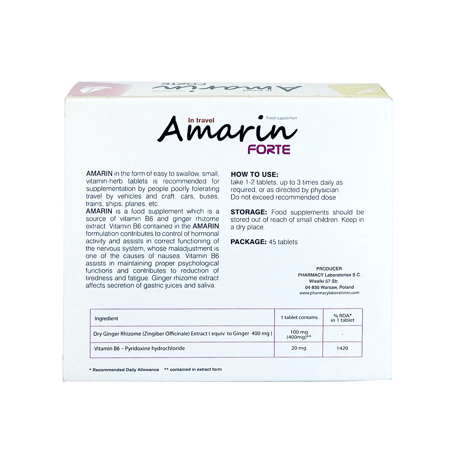 "Amarin Forte Tablets 45'S: Conquer Travel Sickness with Vitamin B6 & Ginger Extract"