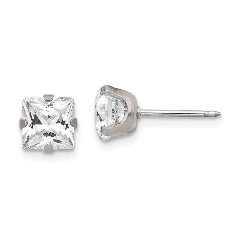 Inverness 355E Stainless Steel Square CZ Earrings 7mm
