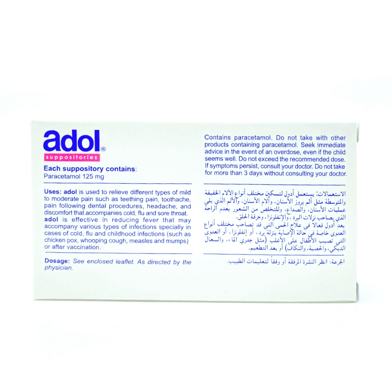 "Adol 125mg - Fast Pain and Fever Relief Suppositories"