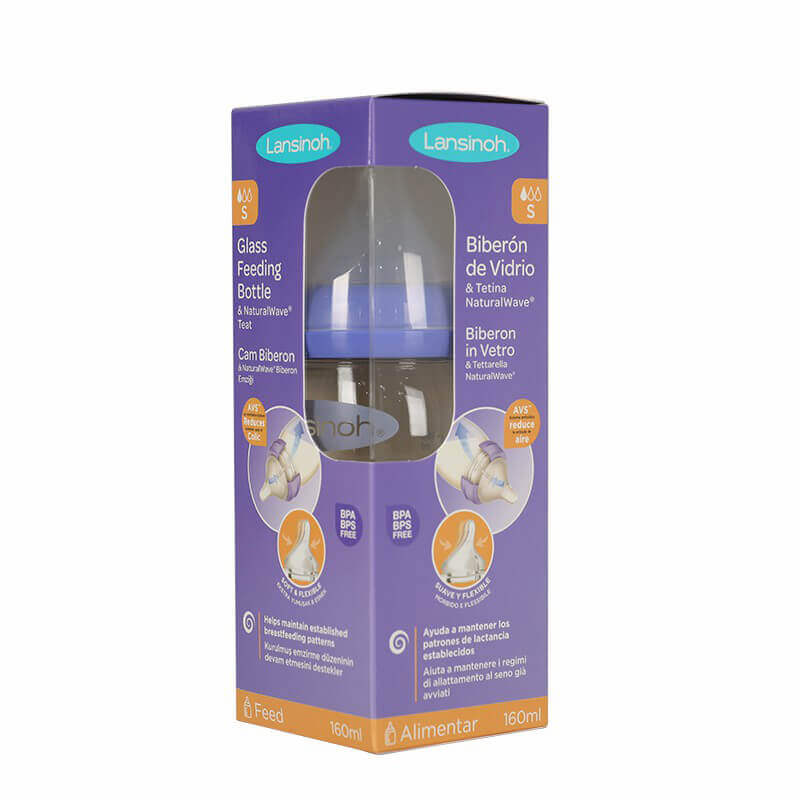 Lansinoh Glass Feeding Bottle With Natural Wave Slow Flow 160 ml