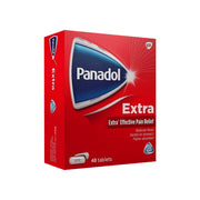 Box of panadol extra pain relief tablets with 48 tablets inside. 