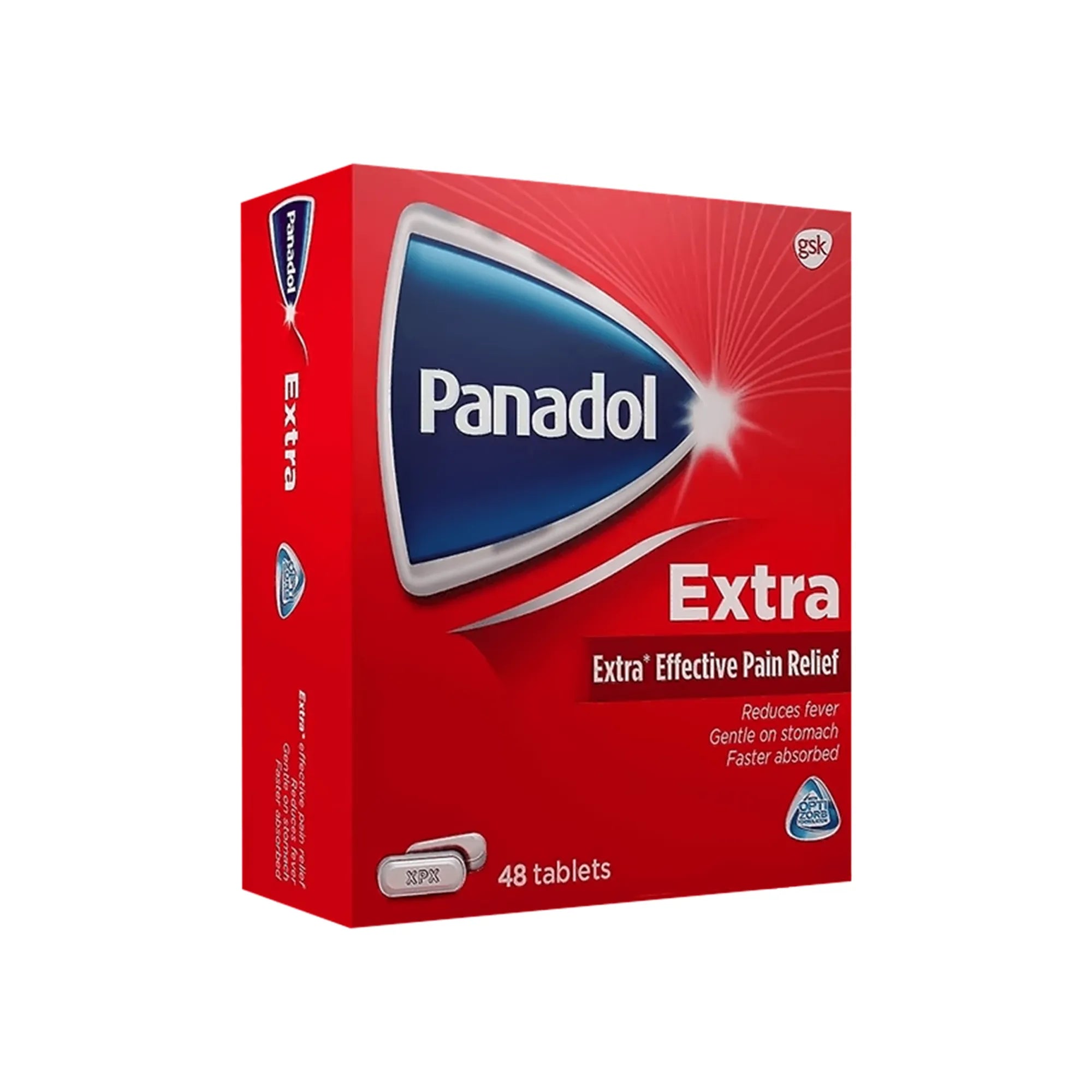 Box of panadol extra pain relief tablets with 48 tablets inside. 