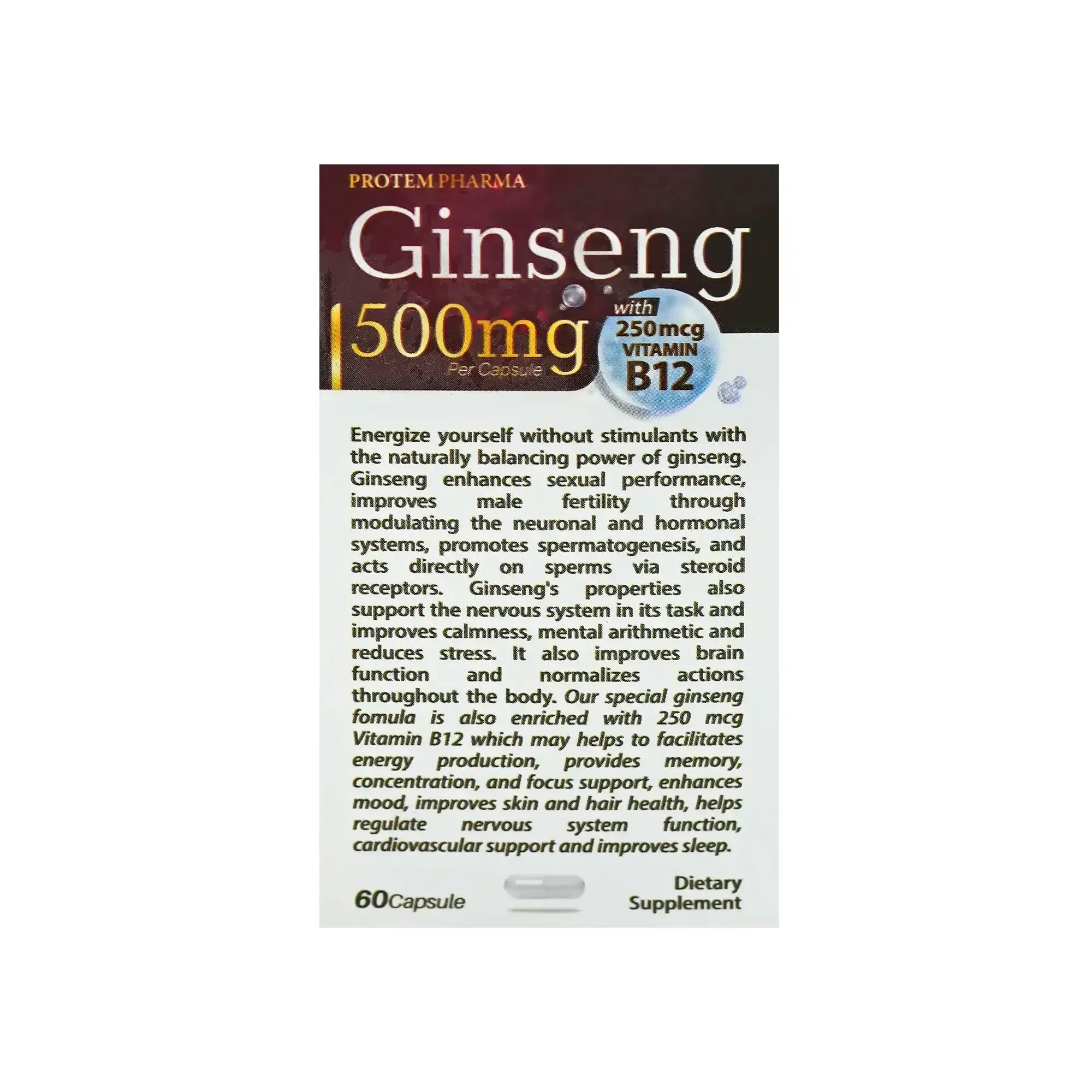 Protem Pharma Ginseng 500 mg + Vitamin B12 - 60 Caps